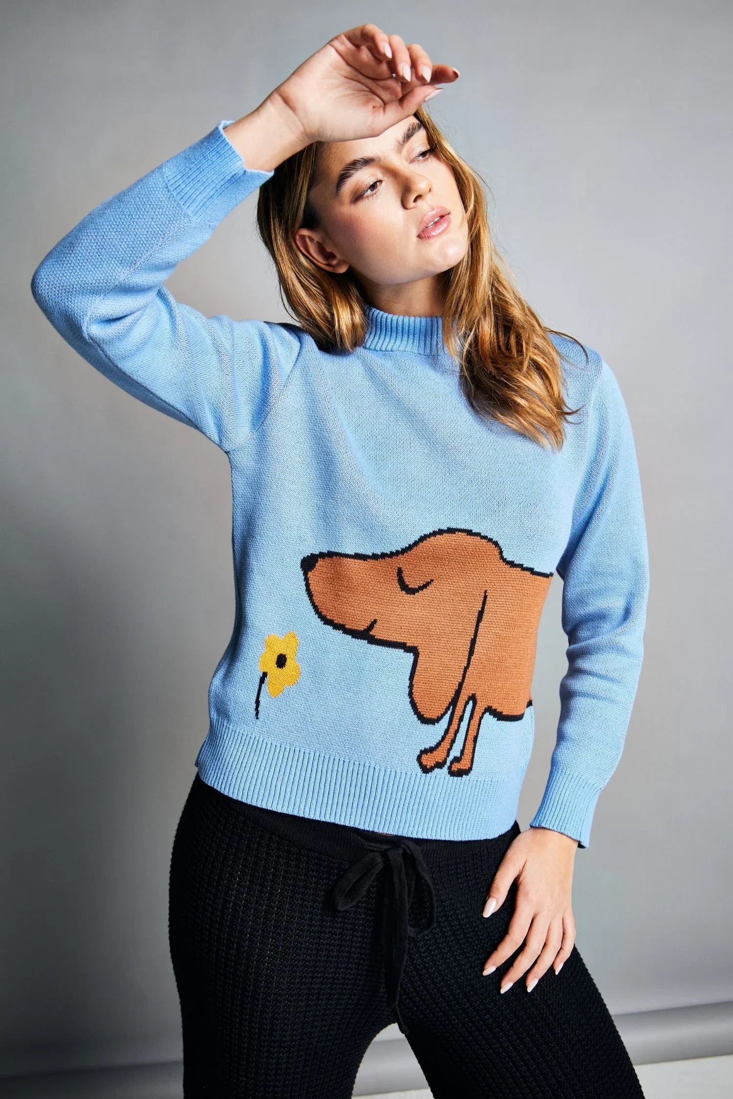 Mujer con suéter azul tejido de punto, dibujo de perro y flor, moda casual femenina